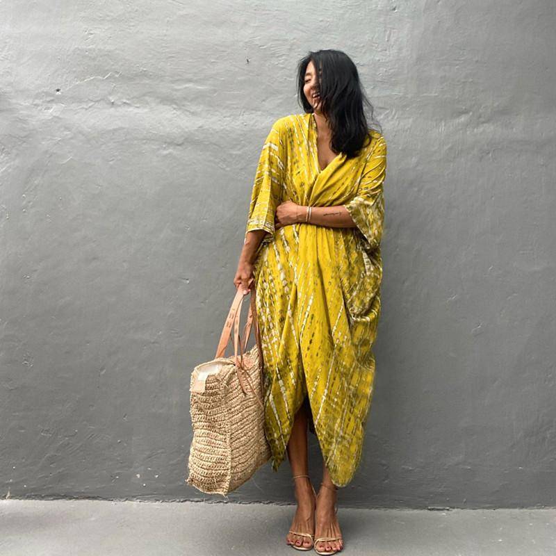 2022 Bikini Cover-ups Schwarz Retro Gestreift Selbst Gürtel Plus Größe Frauen Sommer Kimono Kleid Strand Tragen Badeanzug Cover Up q1225 One Size von Joom DACH