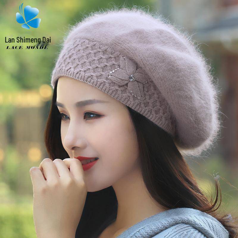 2022 Damen Winter Kaninchenfell Mütze: Dicke, warme, ohrengeschützte Strickwoll-Baskenmütze im koreanischen Stil. Adult One Size (56-60cm) von Joom DACH