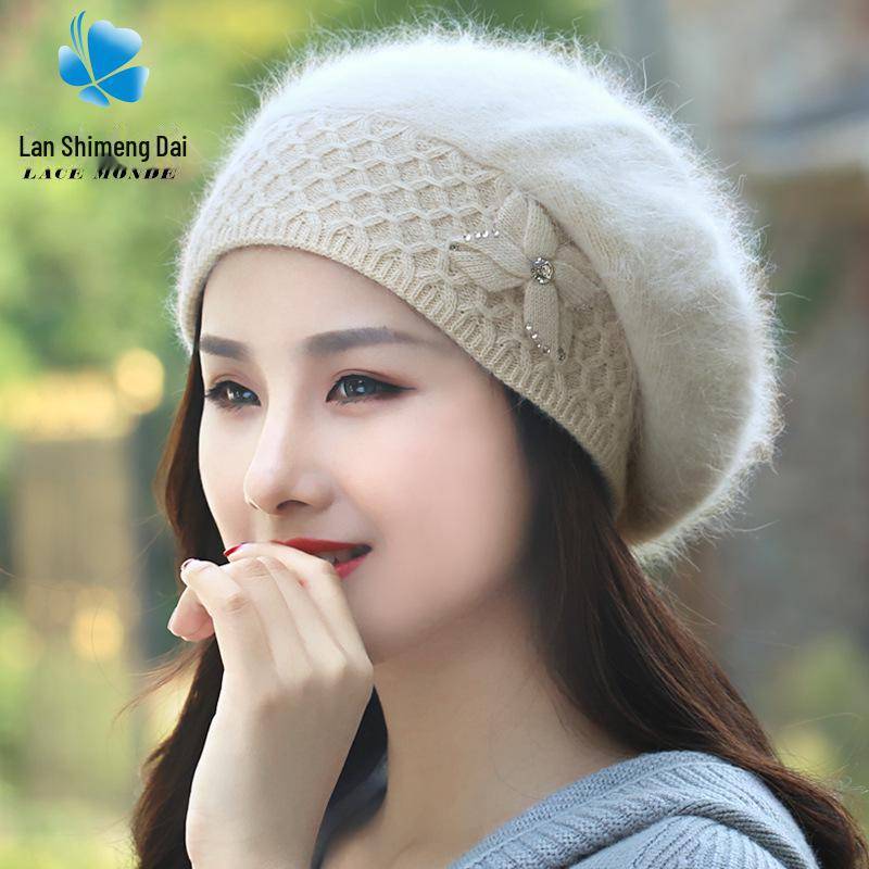 2022 Damen Winter Kaninchenfell Mütze: Dicke, warme, ohrengeschützte Strickwoll-Baskenmütze im koreanischen Stil. Adult One Size (56-60cm) von Joom DACH