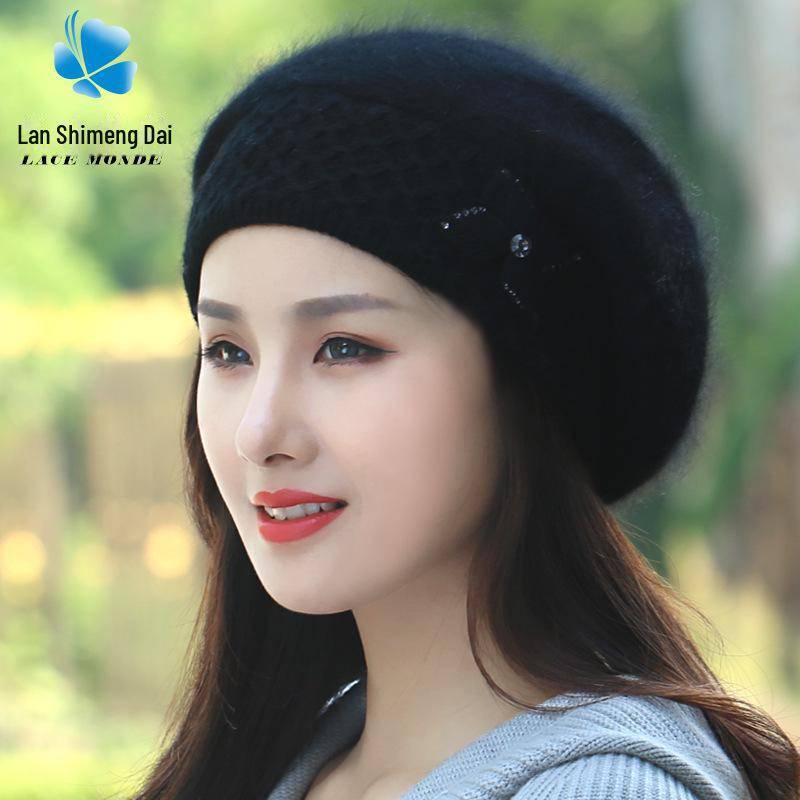 2022 Damen Winter Kaninchenfell Mütze: Dicke, warme, ohrengeschützte Strickwoll-Baskenmütze im koreanischen Stil. Adult One Size (56-60cm) von Joom DACH