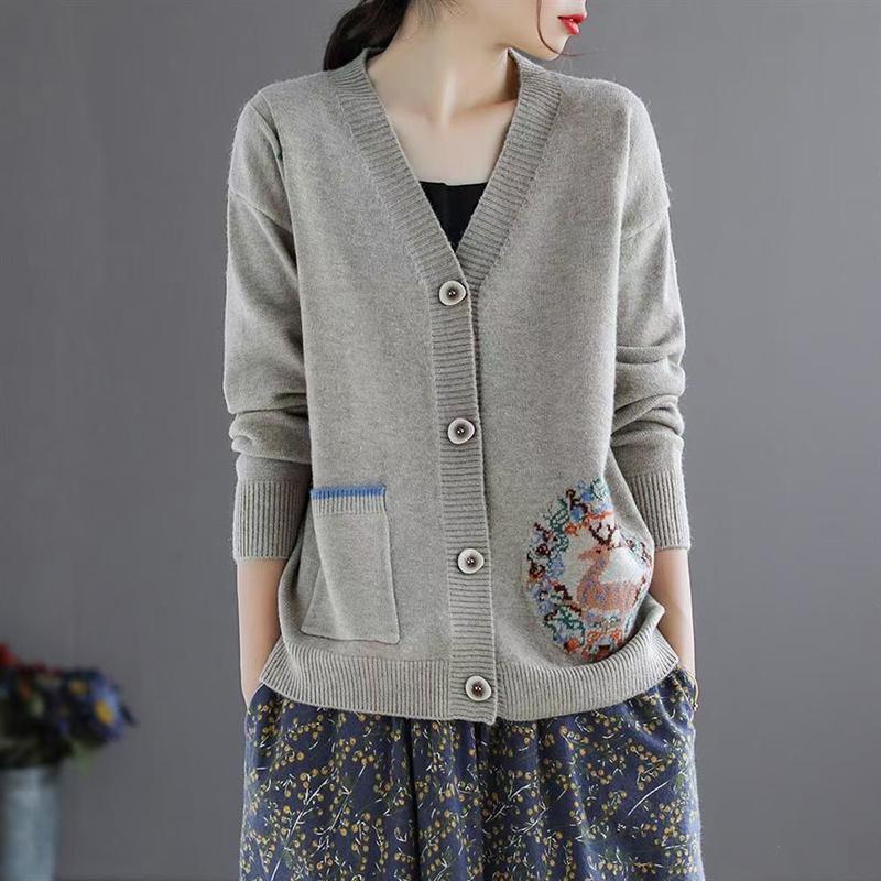 2022 Herbst Core-spun Garn Cardigan Kurzer Mantel Damen Locker Retro Literarisch Jacquard Gestrickt Langarm Oberteil One Size grau 2022 Herbst Core-spun Garn Cardigan Kurzer Mantel Damen Locker Retro Literarisch Jacquard Gestrickt Langarm Oberteil One Size grau von Joom DACH