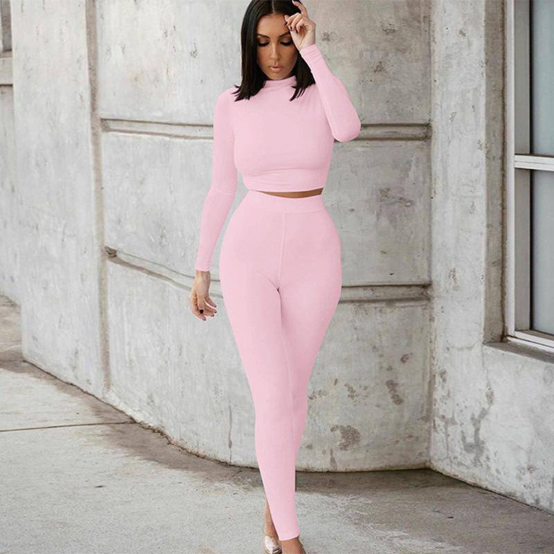 2022 die Neue Mode Trainingsanzug Frauen Rollkragen Langarm Crop Top + Leggings Passenden Set Stretchy Sportliche Fitness Casual Outfits L rosa von Joom DACH