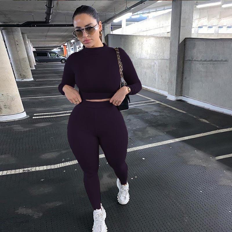 2022 die Neue Mode Trainingsanzug Frauen Rollkragen Langarm Crop Top + Leggings Passenden Set Stretchy Sportliche Fitness Casual Outfits XL violett von Joom DACH