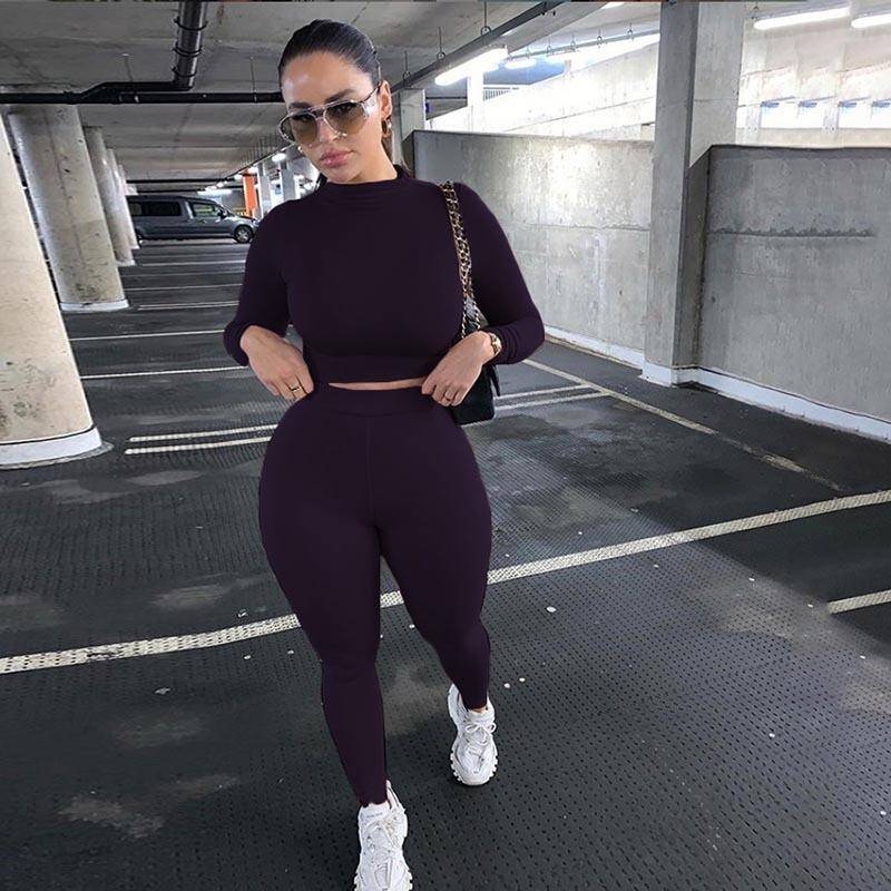 2022 die Neue Mode Trainingsanzug Frauen Rollkragen Langarm Crop Top + Leggings Passenden Set Stretchy Sportliche Fitness Casual Outfits XL violett von Joom DACH