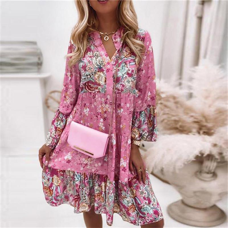 2022 frauen Mode Kleid Bohemian Floral Bedruckte V-ausschnitt Mini Kleider Beiläufige Lose Elegante Flare Hülse Dame Strand Urlaub Kleid XXXXL rosa von Joom DACH