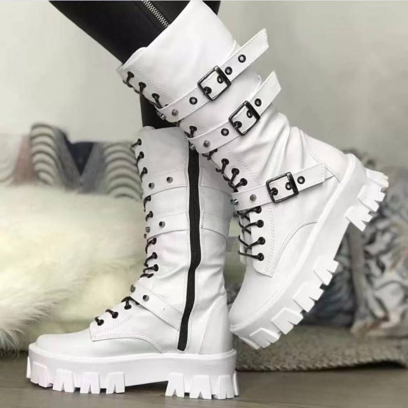 2022 herbst Winter Die Neue Trendy Schwarz Weiß Gothic Plattform Schnallen Ketten Punk Nieten Kampf Motorrad Stiefel Schuhe für Frauen 37 weiß von Joom DACH