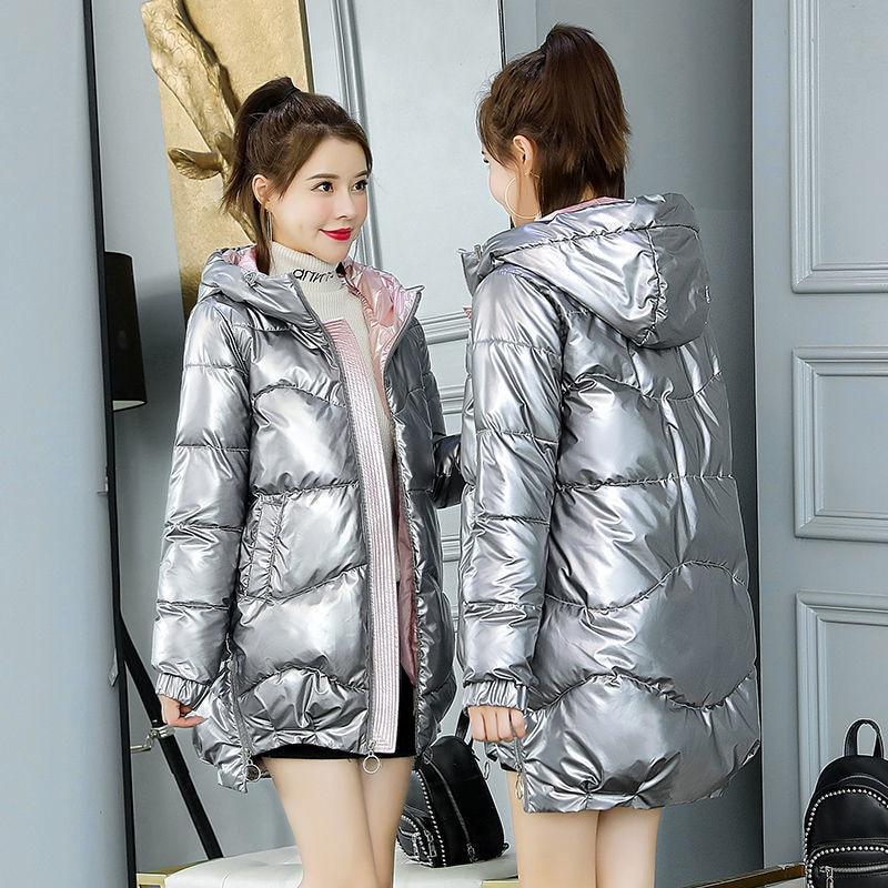 2022 neue Winter Jacke Parkas Frauen Glänzend Unten Baumwolle Jacke Mit Kapuze Parka Warme Weibliche Baumwolle Gefütterte Jacke Casual Outwear P985 M silber von Joom DACH