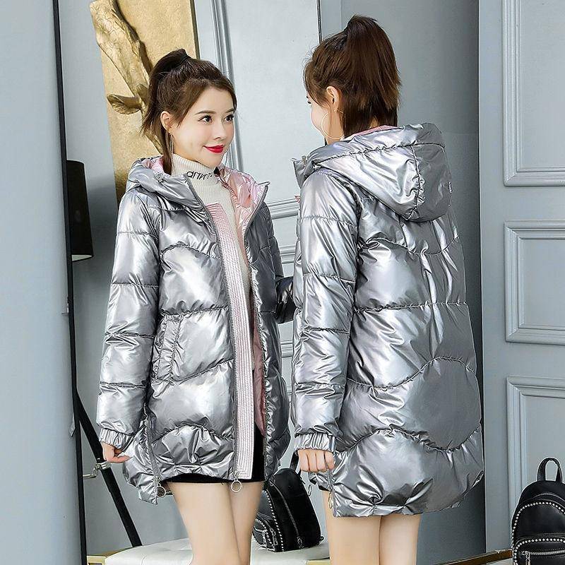 2022 neue Winter Jacke Parkas Frauen Glänzend Unten Baumwolle Jacke Mit Kapuze Parka Warme Weibliche Baumwolle Gefütterte Jacke Casual Outwear P985 M silber von Joom DACH