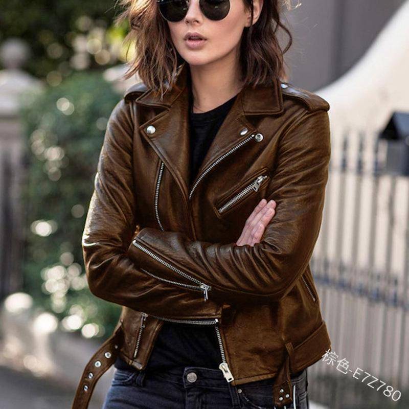 2023 Damen Slim Fit PU Leder Motorradjacke - Kurz, Koreanischer Stil für Frühling, Herbst und Winter XL von Joom DACH