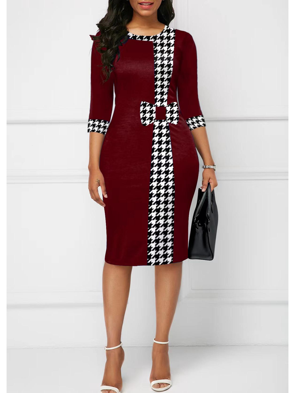 2023 Europäisches und amerikanisches elegantes Kleid mit Puzzle-Print und Dreiviertelärmeln 2XL von Joom DACH