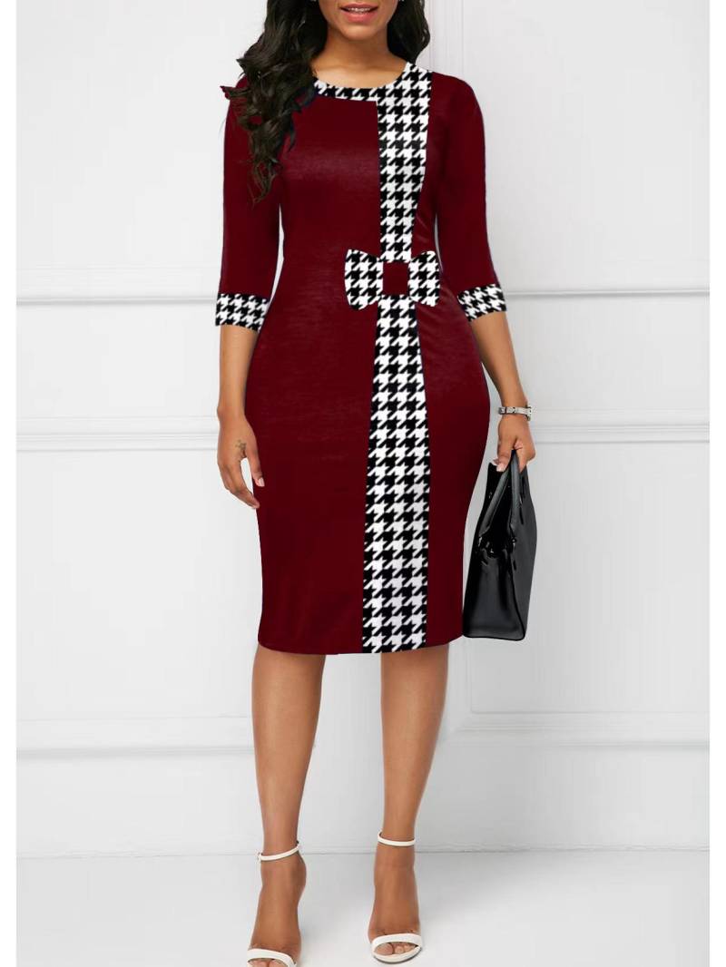 2023 Europäisches und amerikanisches elegantes Kleid mit Puzzle-Print und Dreiviertelärmeln 2XL bordeaux von Joom DACH