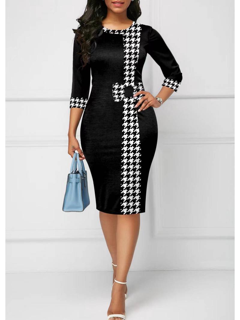 2023 Europäisches und amerikanisches elegantes Kleid mit Puzzle-Print und Dreiviertelärmeln XL schwarz von Joom DACH