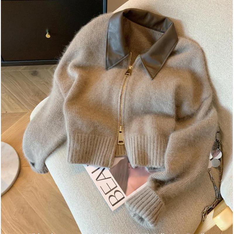 2023 Europäischer Leder-Polo-Kragen-Reißverschluss-Pullover: Herbst/Winter Strickjacke für Damen One Size kamelfarben von Joom DACH