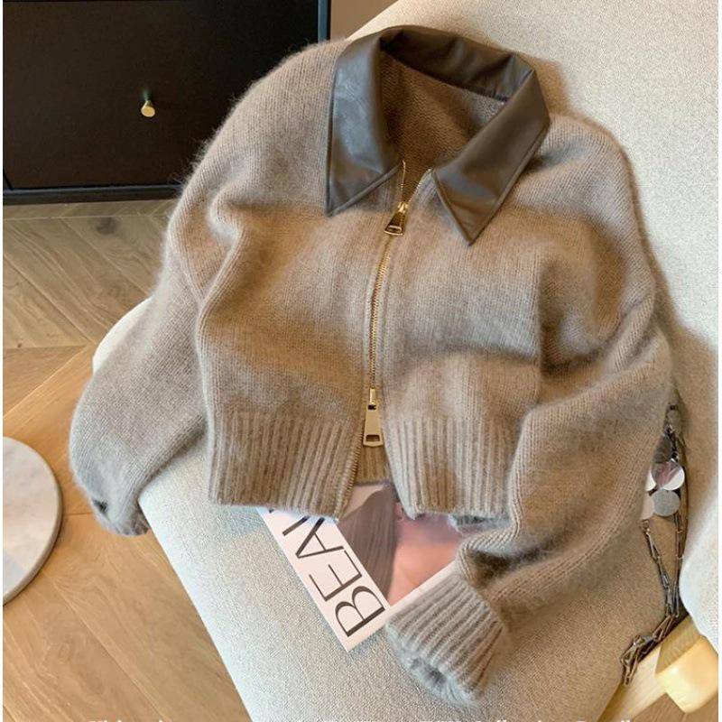 2023 Europäischer Leder-Polo-Kragen-Reißverschluss-Pullover: Herbst/Winter Strickjacke für Damen One Size kamelfarben von Joom DACH