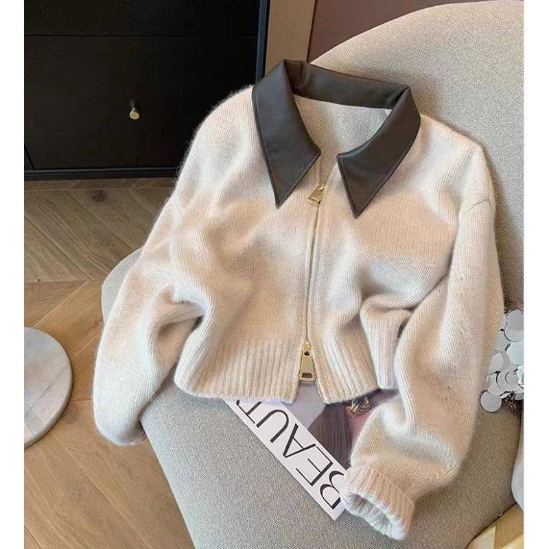 2023 Europäischer Leder-Polo-Kragen-Reißverschluss-Pullover: Herbst/Winter Strickjacke für Damen One Size grauweiß 2023 Europäischer Leder-Polo-Kragen-Reißverschluss-Pullover: Herbst/Winter Strickjacke für Damen One Size grauweiß von Joom DACH