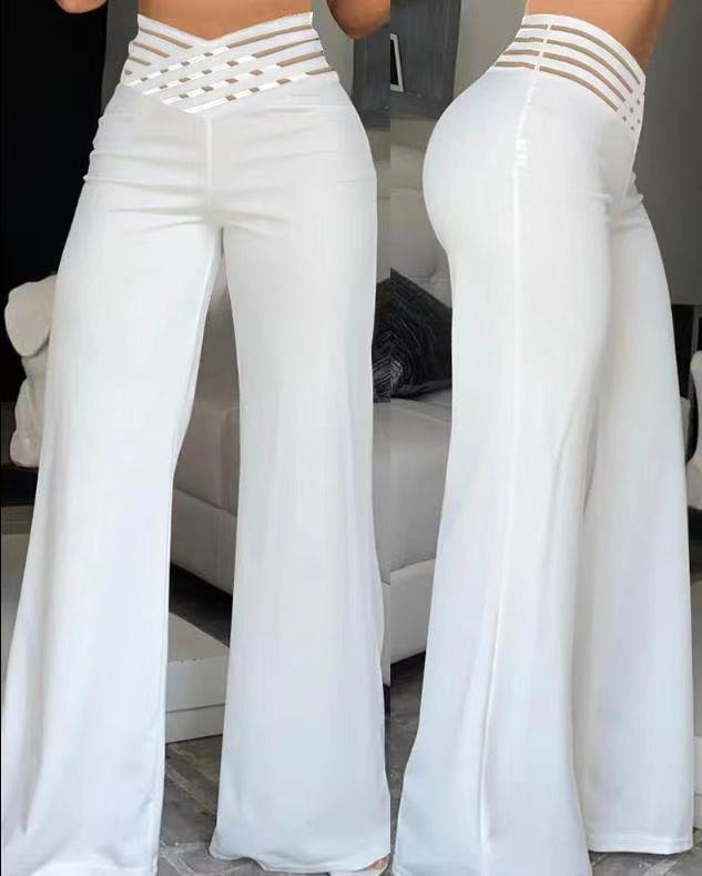 2023 European & American Women's High Waist Hollow Belt Flared Trousers - Chic & Casual Wide Leg Design XL weiß von Joom DACH