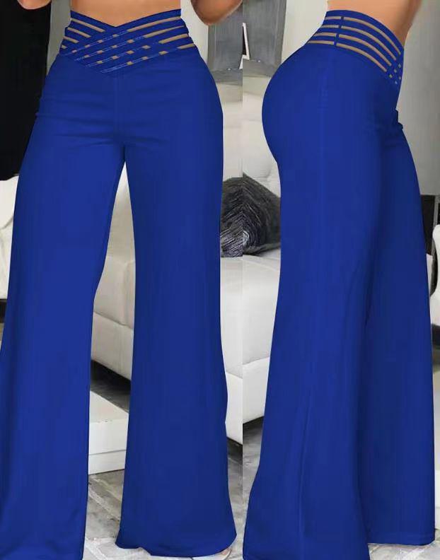 2023 European & American Women's High Waist Hollow Belt Flared Trousers - Chic & Casual Wide Leg Design XXXL blau von Joom DACH