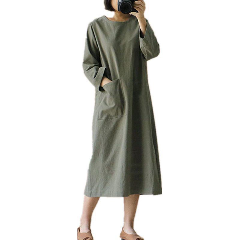 2023 Herbst Baumwolle & Leinen Langarm Retro Rundhals Mori Mädchen Kleid, Plus Größe 2XL armee grüne von Joom DACH