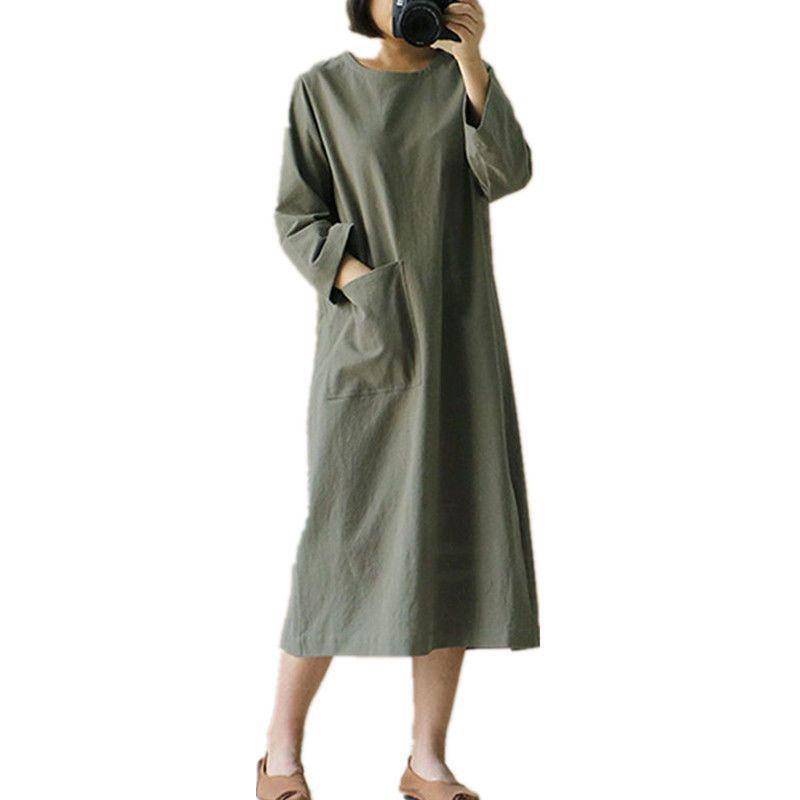 2023 Herbst Baumwolle & Leinen Langarm Retro Rundhals Mori Mädchen Kleid, Plus Größe 2XL armee grüne von Joom DACH