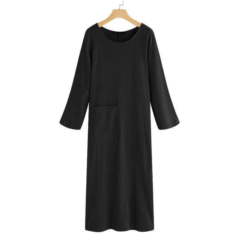 2023 Herbst Baumwolle & Leinen Langarm Retro Rundhals Mori Mädchen Kleid, Plus Größe 5XL schwarz von Joom DACH