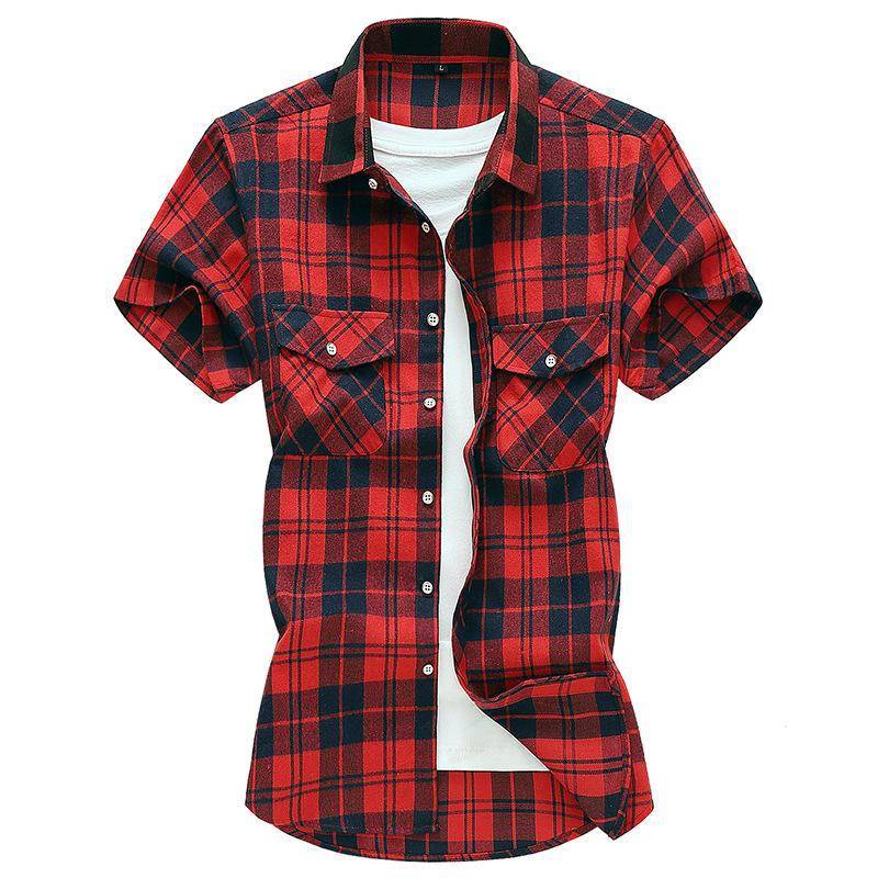 2023 Herren Kariertes Freizeithemd mit kurzen Ärmeln und Doppeltaschen – Sommermode, große Größe 4XL rot/schwarz von Joom DACH