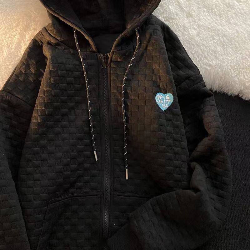 2023 Lockeres Waffel-Kapuzenpullover für Damen - All-Match-Langarm-Cardigan im koreanischen Stil XXL schwarz von Joom DACH