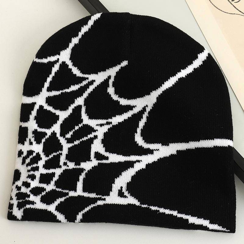 2023 Neue Goth Spider Web Jacquard Beanie Caps Y2K gestrickte warme Hip Hop Unisex elastische Strickmütze Totenkopfmütze für Frauen Männer von Joom DACH
