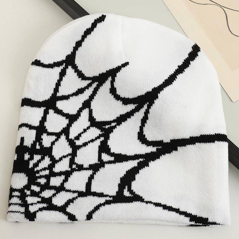 2023 Neue Goth Spider Web Jacquard Beanie Caps Y2K gestrickte warme Hip Hop Unisex elastische Strickmütze Totenkopfmütze für Frauen Männer von Joom DACH