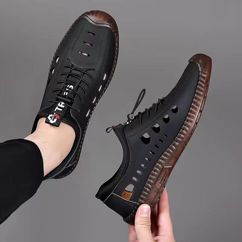 2023 Sandalen für Herren, Frühling, Sommer, neue Herren, lässig, hohl, atmungsaktiv, Lederschuhe mit rutschfester, weicher Sohle 42 schwarz von Joom DACH