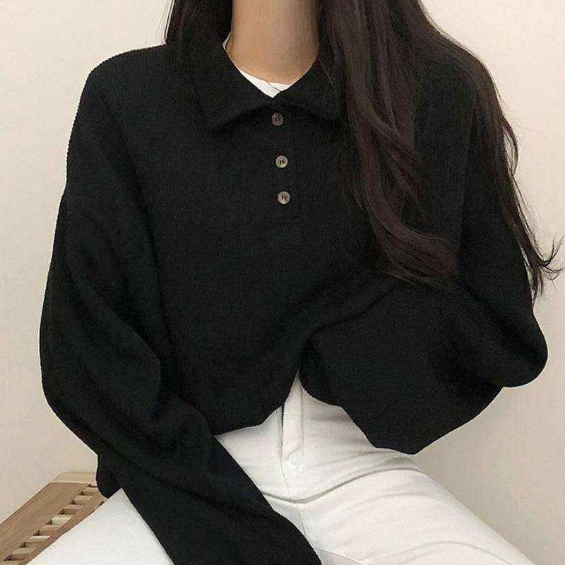 2023 frühling Sommer Herbst Casual Polo T-Shirt Weibliche Pullover Mode Frauen Bluse Einfache Adrette Student Lose Weichen M schwarz von Joom DACH