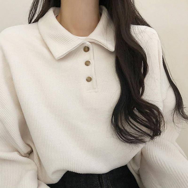 2023 frühling Sommer Herbst Casual Polo T-Shirt Weibliche Pullover Mode Frauen Bluse Einfache Adrette Student Lose Weichen S apricot von Joom DACH