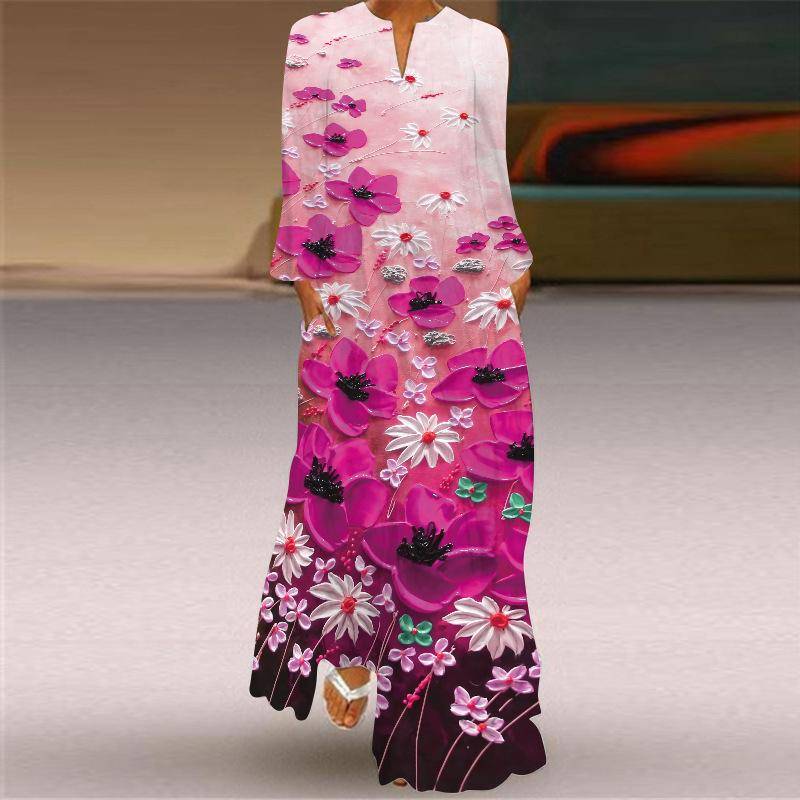2023 frühling Sommer frauen Mode Kleidung Lange Kleid V-ausschnitt Drucken Lose Strand Urlaub Casual Kleider XXXXXL von Joom DACH