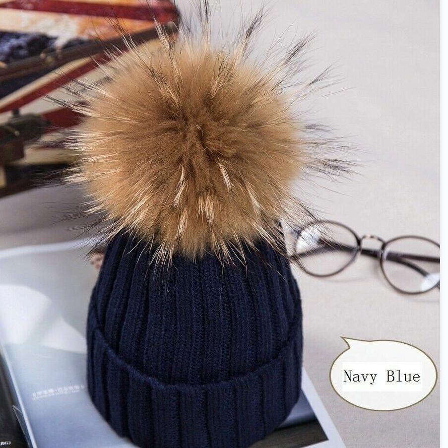 2023 heiße Frauen Winter Waschbären Pelz Pom Pom 15cm Ball Stricken Beanie Ski Cap Bobble Hut navy blau von Joom DACH