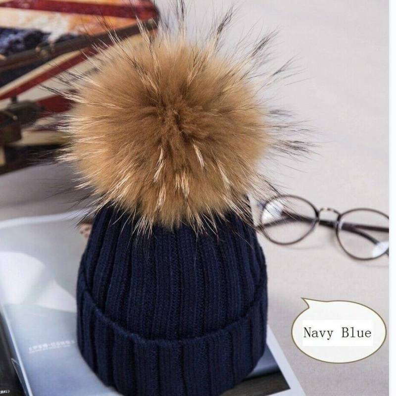 2023 heiße Frauen Winter Waschbären Pelz Pom Pom 15cm Ball Stricken Beanie Ski Cap Bobble Hut navy blau von Joom DACH