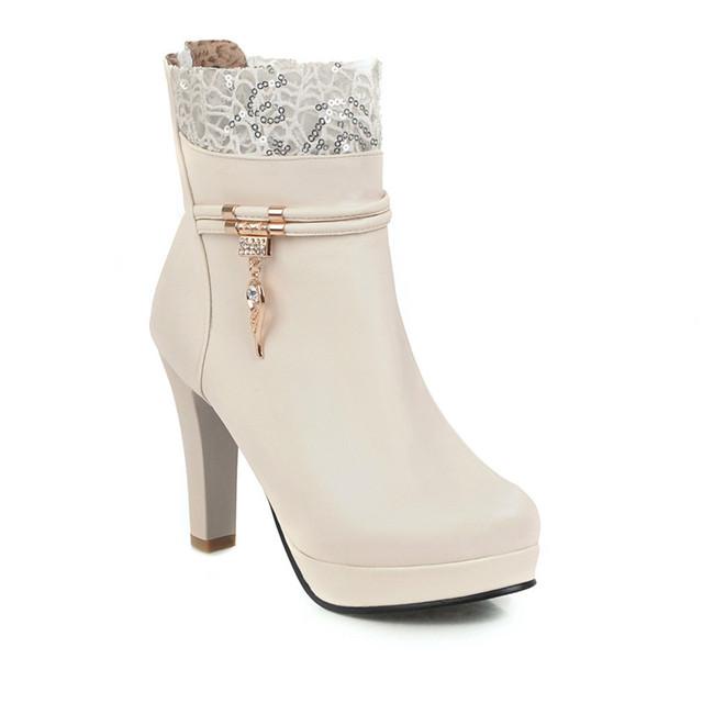 2023 mode High Heels Frau Booties Spitze Design Prinzessin Plattform Party Hochzeit Frauen Schuhe Weiß Schwarz Stiefeletten Winter 34 beige von Joom DACH