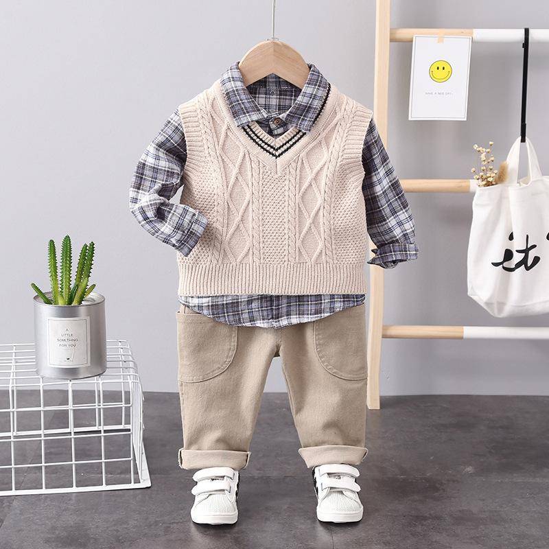 2023 neue 3Pcs kinder Anzug kinder Nette Stricken Pullover Weste Jungen Kariertes Hemd Langarm Weste 90cm beige von Joom DACH
