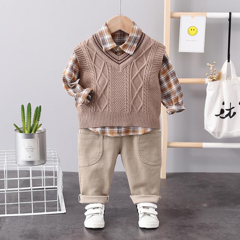 2023 neue 3Pcs kinder Anzug kinder Nette Stricken Pullover Weste Jungen Kariertes Hemd Langarm Weste 90cm braun von Joom DACH