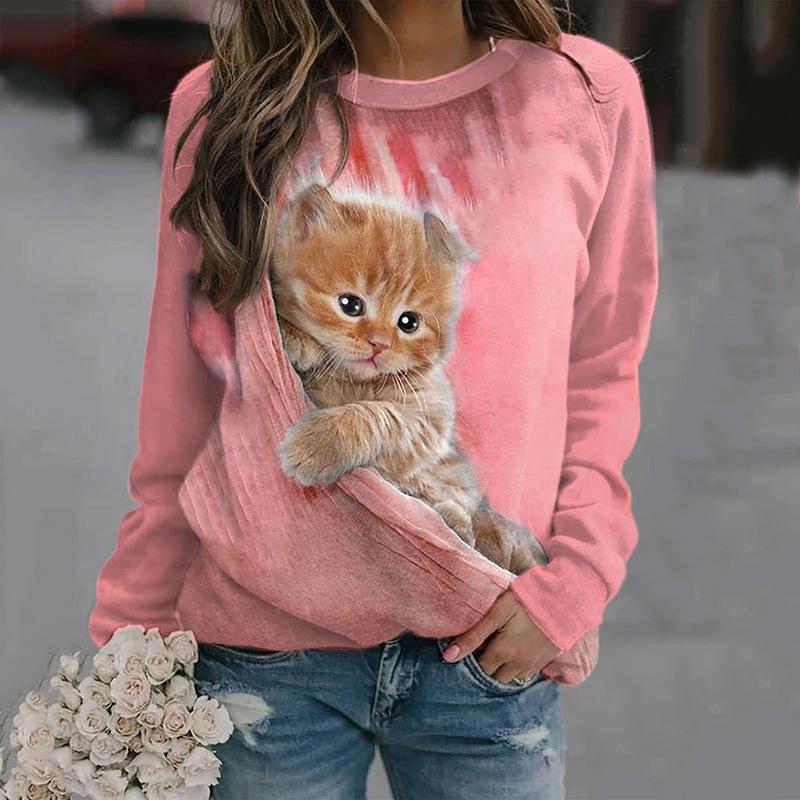 2023 neue frauen 3D T-shirt Oansatz Langarm Katze Welpen Mode Tier Nette Pet Druck Große Casual Straße Tragen oversize Ootd 3XL von Joom DACH