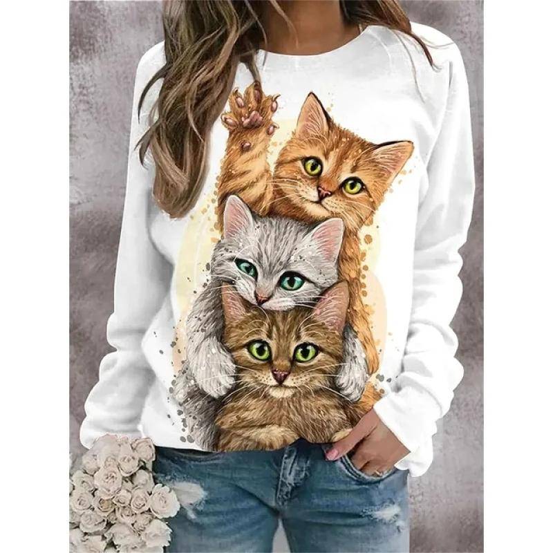 2023 neue frauen 3D T-shirt Oansatz Langarm Katze Welpen Mode Tier Nette Pet Druck Große Casual Straße Tragen oversize Ootd M von Joom DACH