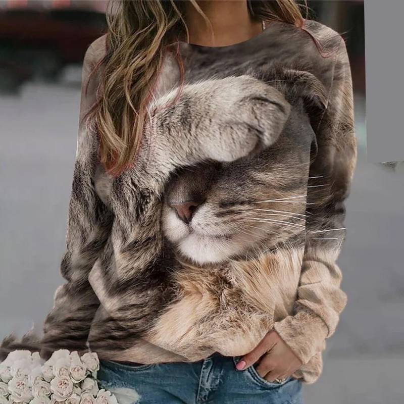 2023 neue frauen 3D T-shirt Oansatz Langarm Katze Welpen Mode Tier Nette Pet Druck Große Casual Straße Tragen oversize Ootd XS von Joom DACH