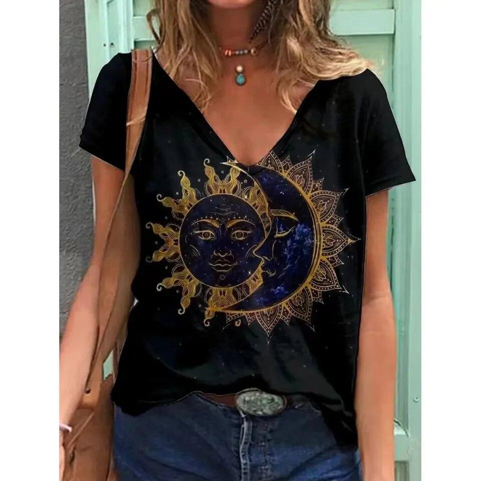 2023 sommer 5XL frauen T-Shirt Vintage Casual Schwarz Mode V-ausschnitt Pullover Kurzarm Gedruckt Lose Täglichen Tops Design kleiden 6XL 2023 sommer 5XL frauen T-Shirt Vintage Casual Schwarz Mode V-ausschnitt Pullover Kurzarm Gedruckt Lose Täglichen Tops Design kleiden 6XL von Joom DACH