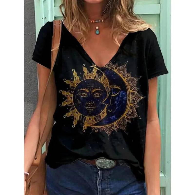 2023 sommer 5XL frauen T-Shirt Vintage Casual Schwarz Mode V-ausschnitt Pullover Kurzarm Gedruckt Lose Täglichen Tops Design kleiden 6XL 2023 sommer 5XL frauen T-Shirt Vintage Casual Schwarz Mode V-ausschnitt Pullover Kurzarm Gedruckt Lose Täglichen Tops Design kleiden 6XL von Joom DACH