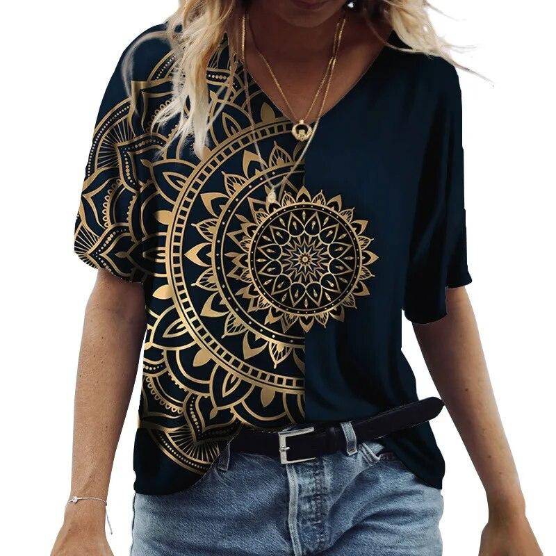 2023 sommer 5XL frauen T-Shirt Vintage Casual Schwarz Mode V-ausschnitt Pullover Kurzarm Gedruckt Lose Täglichen Tops Design kleiden 8XL von Joom DACH