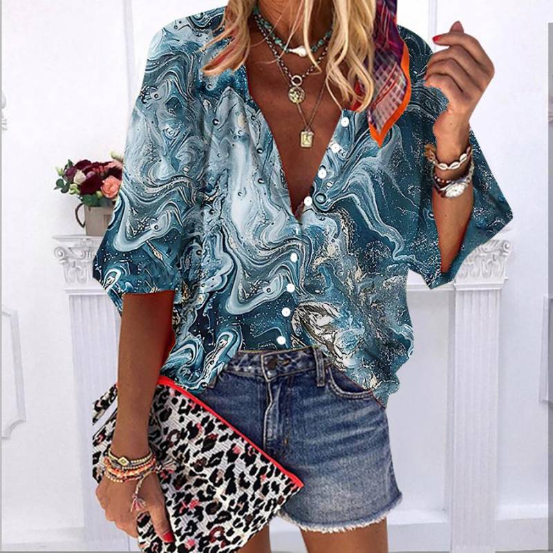 2023 sommer Herbst Neue Mode frauen Tops Rot Quicksand Flüsse Gedruckt Halbe Hülse Casual Plus Größe Button-down-shirt mit Blase Ärmeln 3XL blau von Joom DACH