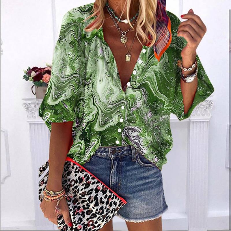 2023 sommer Herbst Neue Mode frauen Tops Rot Quicksand Flüsse Gedruckt Halbe Hülse Casual Plus Größe Button-down-shirt mit Blase Ärmeln L mintgrün von Joom DACH