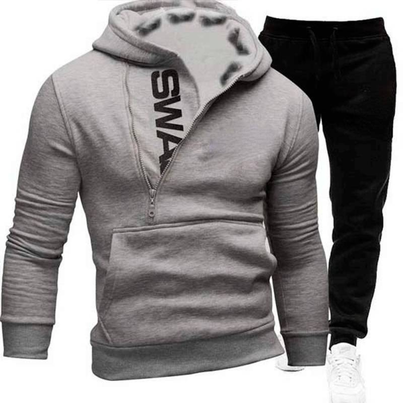 2023 warme Männer Winter Casual Hoodies Anzug Halb Zipper Tasche Sport Outfit Brief Gedruckt Komfortable Soft Slim Set 3XL licht grau von Joom DACH