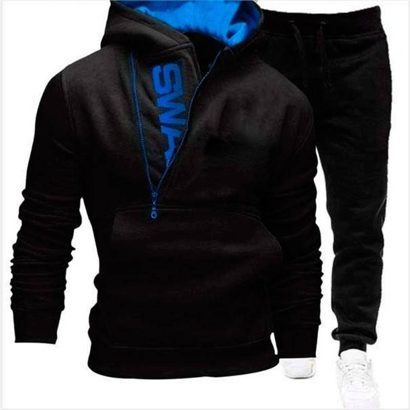 2023 warme Männer Winter Casual Hoodies Anzug Halb Zipper Tasche Sport Outfit Brief Gedruckt Komfortable Soft Slim Set 3XL schwarz/blau von Joom DACH
