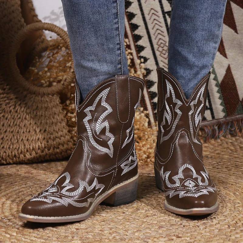 2024 2024 Stickerei Dicker Absatz Damenstiefel Herbst Western Cowboy Stiefeletten Neu Spitz Lässige Schuhe für Damen Kurze Stiefel 38 braun von Joom DACH
