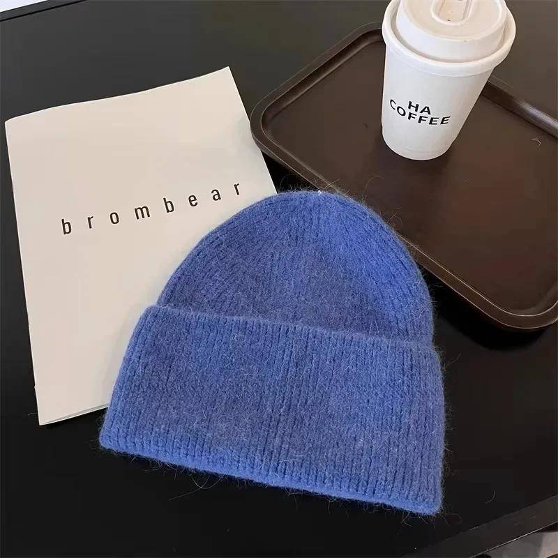 2024 Angora Strick Winter Hut Für Frauen Kaninchen Fell Flauschigen Gestrickte Mützen Korea Luxus Motorhaube Weibliche Weiche Warme Skullies Beanies 54-60cm königsblau von Joom DACH