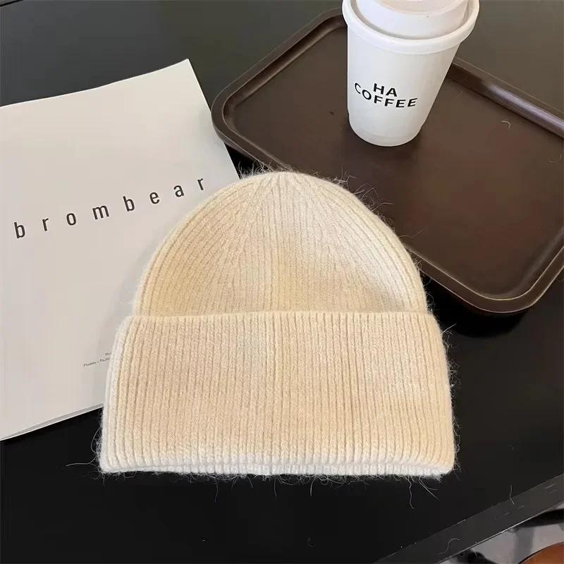 2024 Angora Strick Winter Hut Für Frauen Kaninchen Fell Flauschigen Gestrickte Mützen Korea Luxus Motorhaube Weibliche Weiche Warme Skullies Beanies 54-60cm beige von Joom DACH